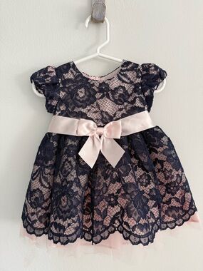 Bonnie Baby Navy Lace Over Pink Satin Baby Dress, 6-9 months